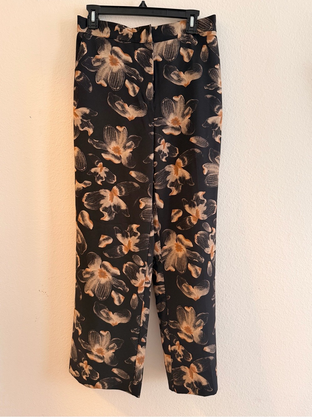 Nordstrom Black Wide-Leg Pants with Beige Floral Accents, Size Medium